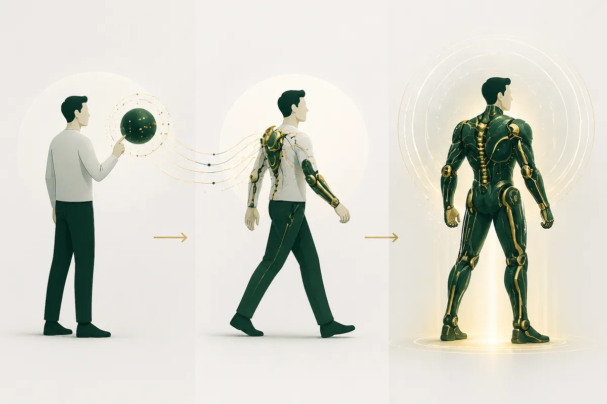 Progression from AI as assistant, to strategic partner, to exoskeleton