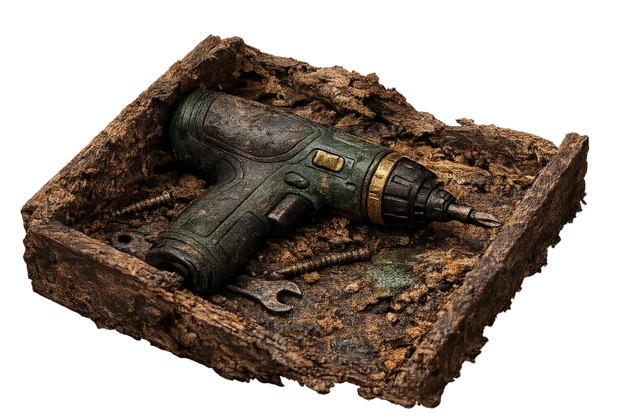 A powerful drill left buried and corroding in its box